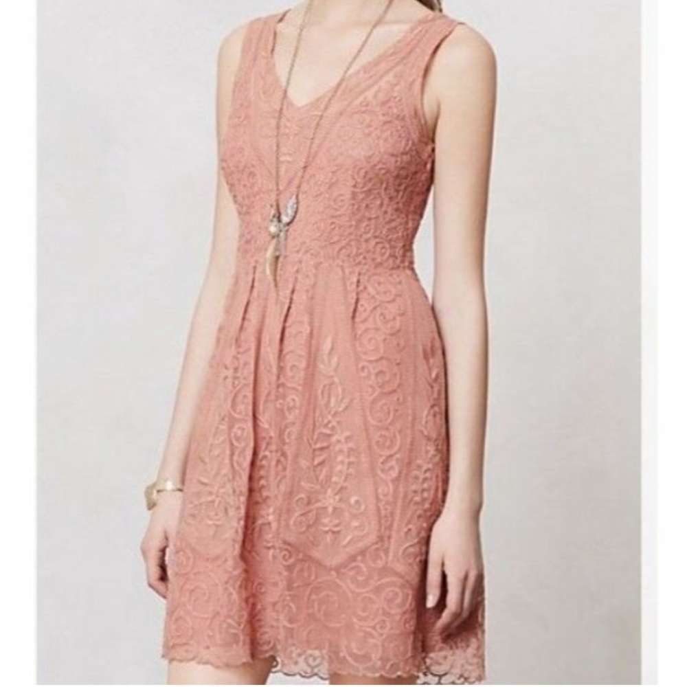 Anthropologie At Dusk Dress by Yoana Baraschi Lace Mini Dress Rust Rose Sz 4